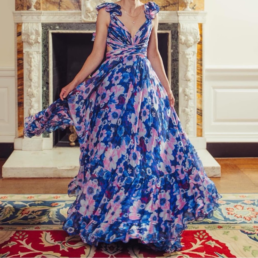 Ruffle Cut-Out Floral Chiffon Gown Maxi Dress Ieena For Mac Duggal